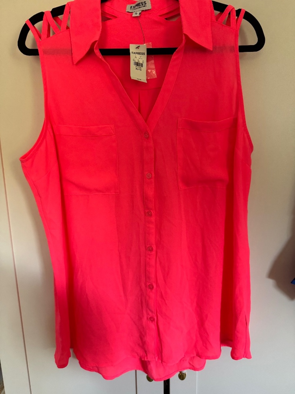 NWT Express Portofino Shirt XL Neon Pink Strappy Shoulder Sleeveless Blouse
